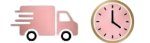 Pink delivery truck and clock icon on a white background